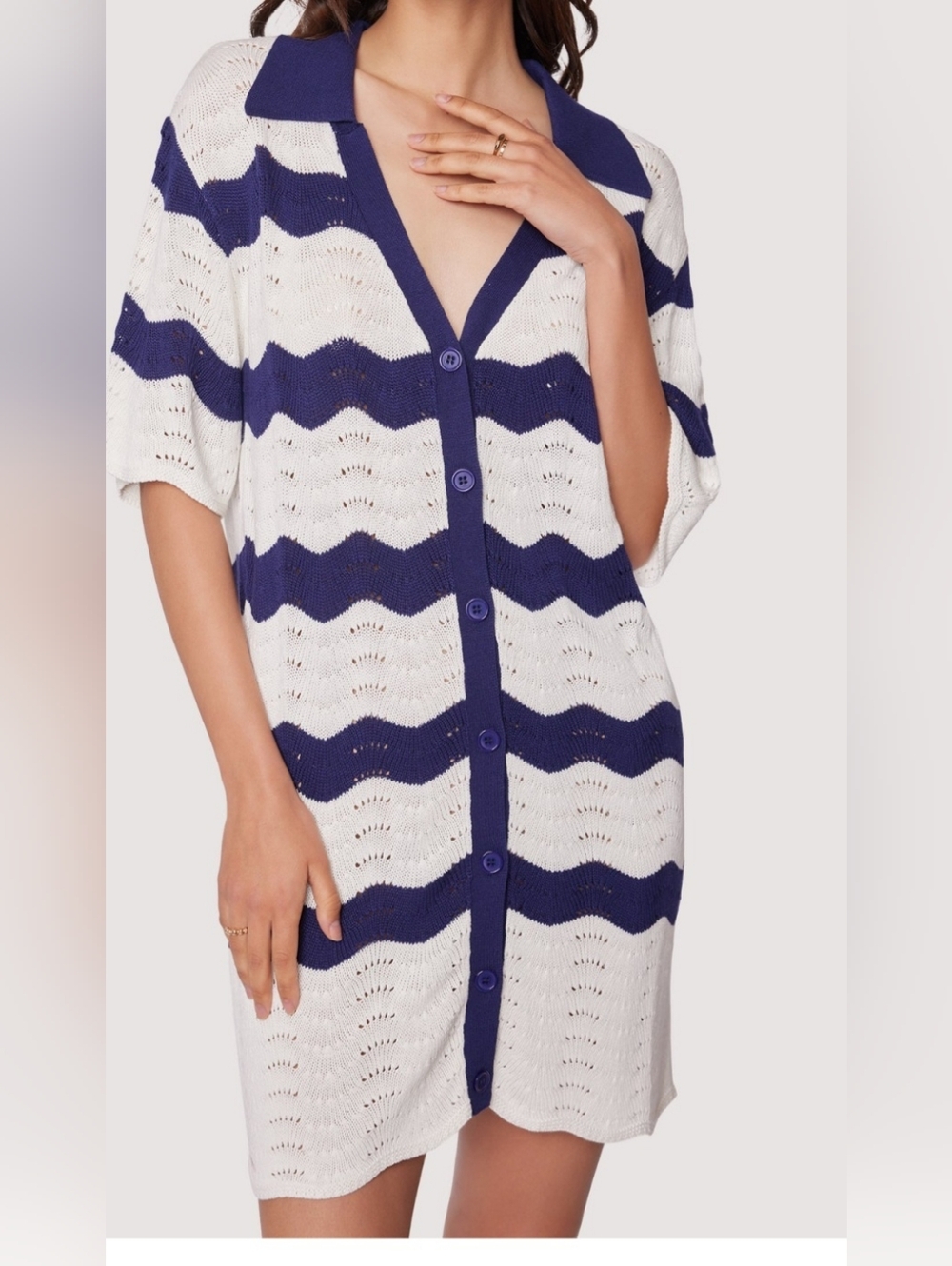 Lost + Wander Kairi Knit Shirt Dress S/M Blue White Stripe NWT Button Front